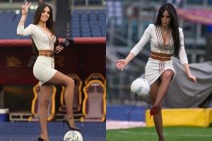 脚法如何？26岁DAZN美女主持穿连衣裙+高跟鞋在罗马主场踢球⚽️