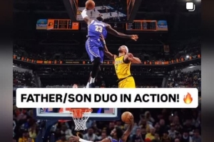 老父亲的快乐！詹姆斯晒自己和布朗尼扣篮帅照：上阵父子兵！