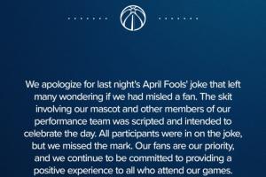 玩笑开大了~奇才官方：为愚人节恶作剧道歉 球迷永远排在首位