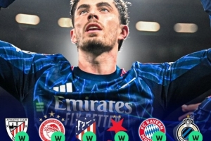 阿森纳本赛季欧冠11战10胜1平，仍是唯一保持不败球队