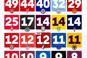 英超官方列各队最长不败：阿森纳49场仍居首，伯恩茅斯当前已12场